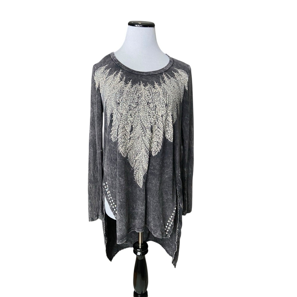 Y2K‎ Grunge Feather Studded Tunic Top Size S Acid Wash Gray Dark Fairy Boho Edgy